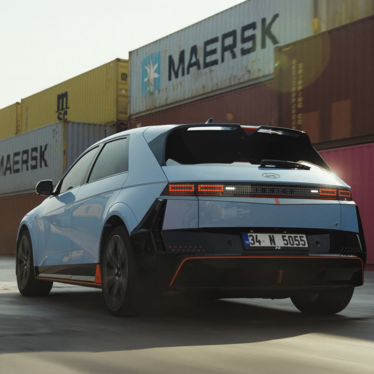 Hyundai Ioniq 5N in a shipping container yard